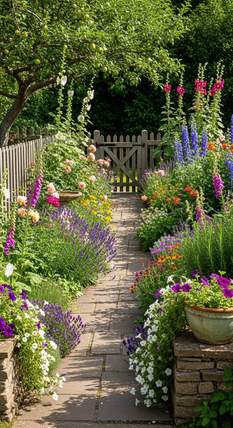 Cottage Style Garden Ideas | Brick Path with Picket Fence and Apple Tree