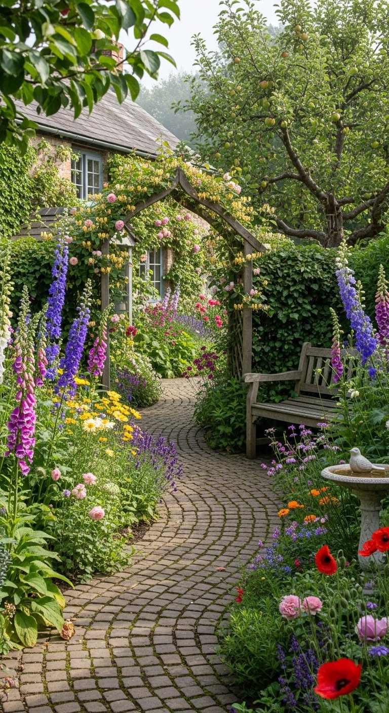 Cottage Style Garden Ideas | Curved Brick Path with Climbing Roses and Arbor