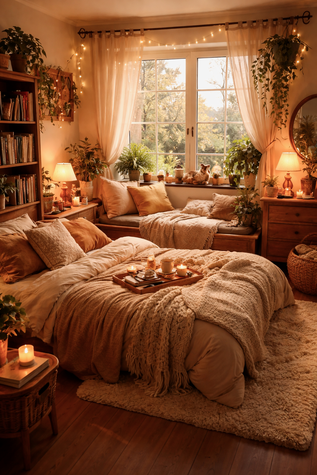 Cozy Bedroom with Plants and Warm Fairy Lights 🌿