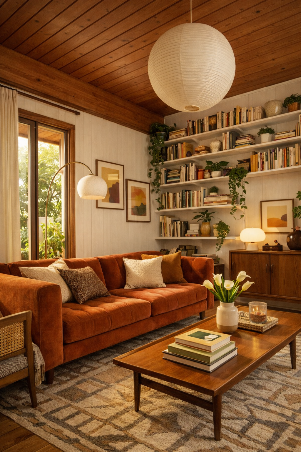 Cozy Mid-Century Living Room: Velvet & Wood