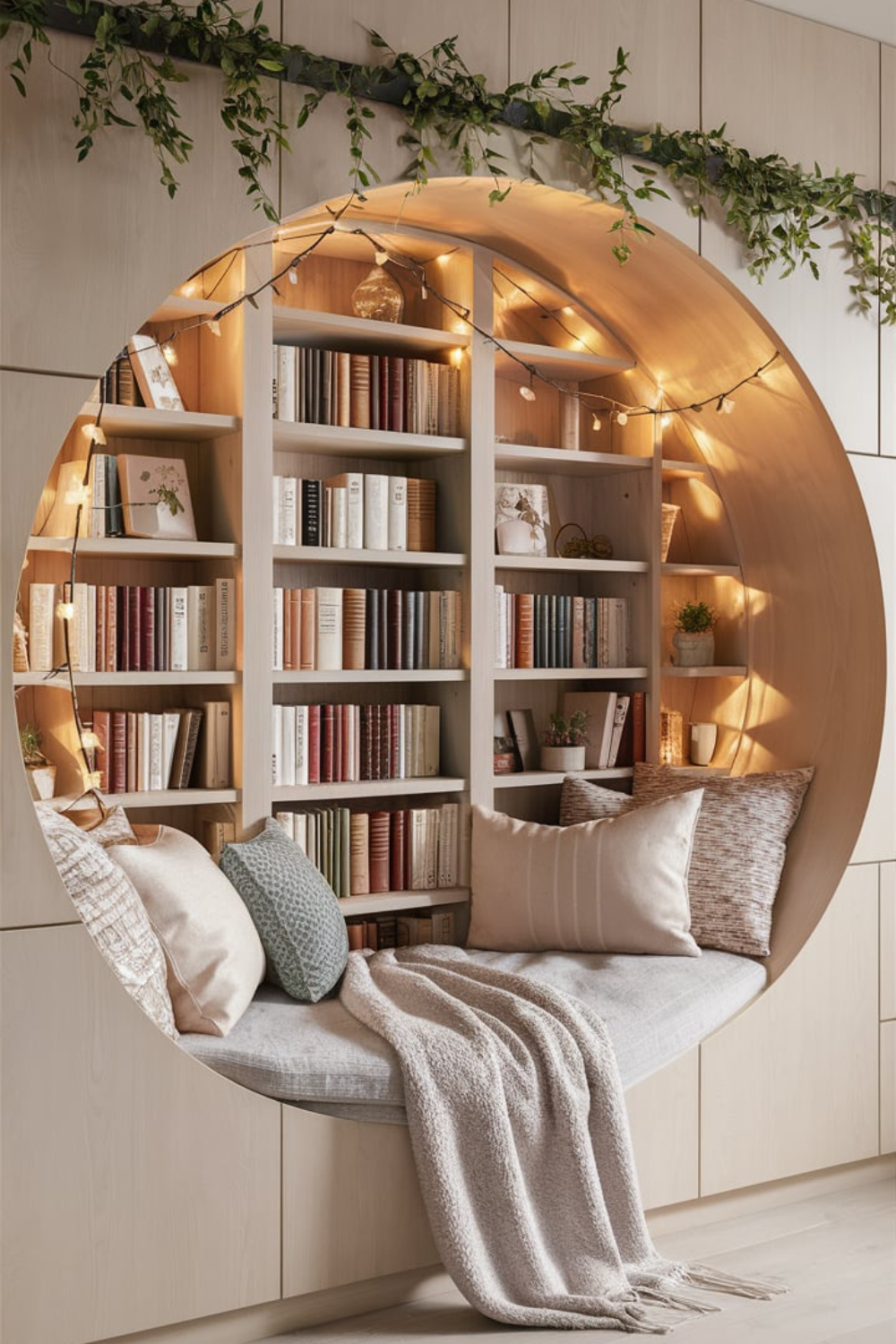 Cozy Modern Reading Nook with Warm Fairy Lights and Greenery
