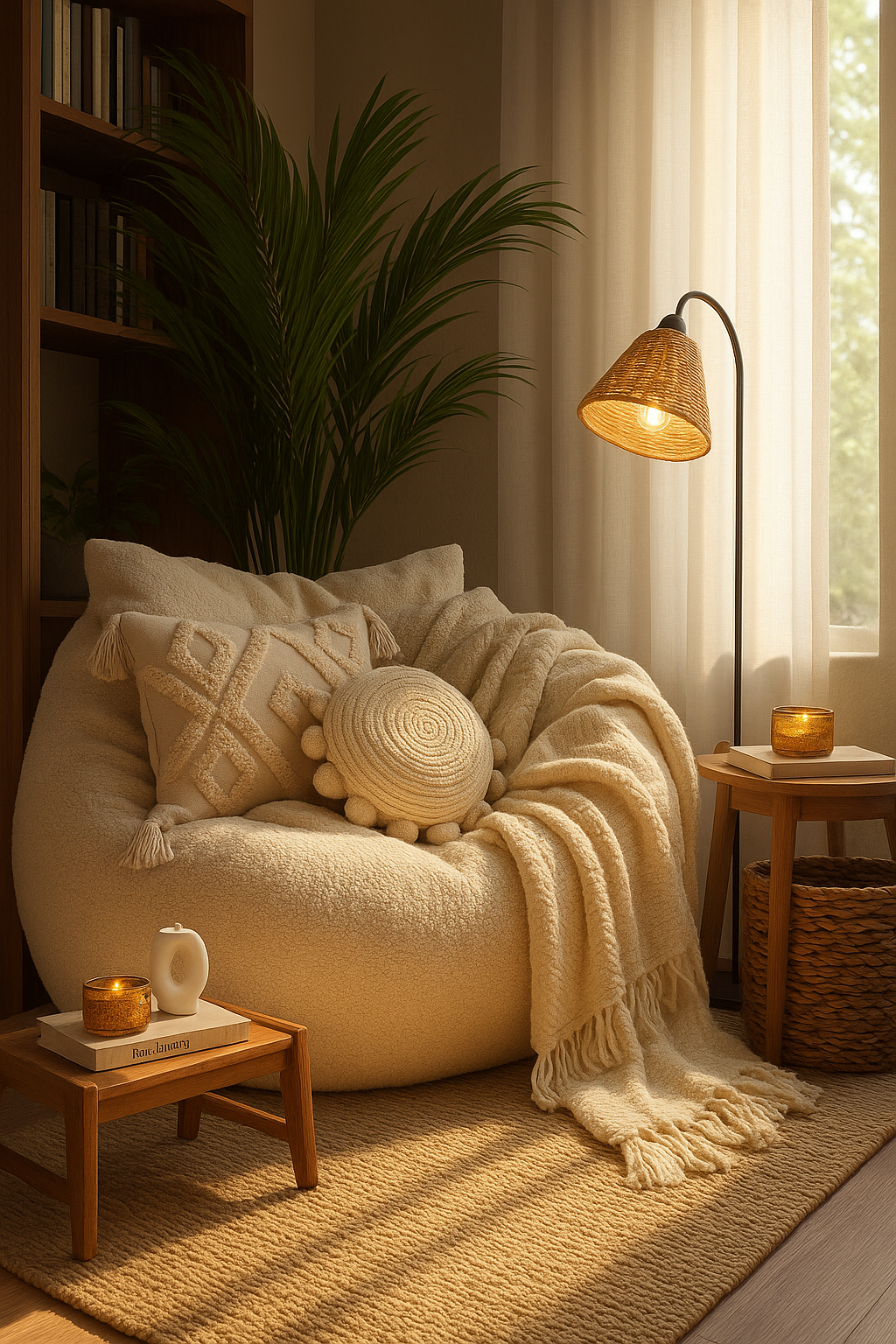Cozy Neutral Reading Nook with Soft Bean Bag Chair & Boho Decor