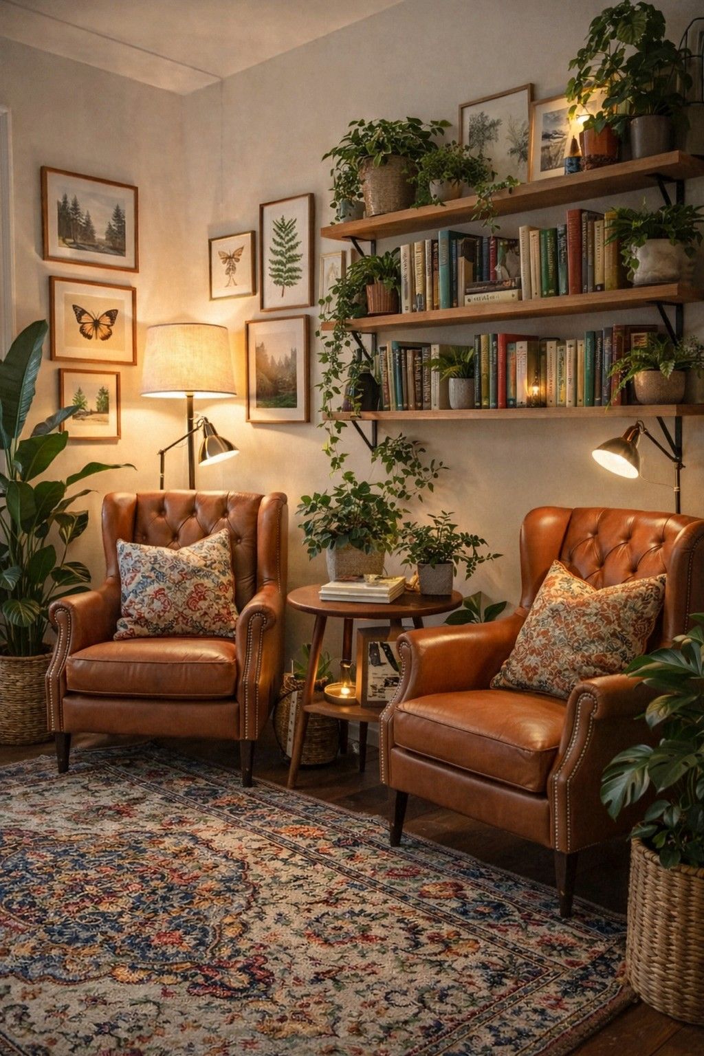 Cozy Reading Nook with Leather Chairs & Floating Bookshelves