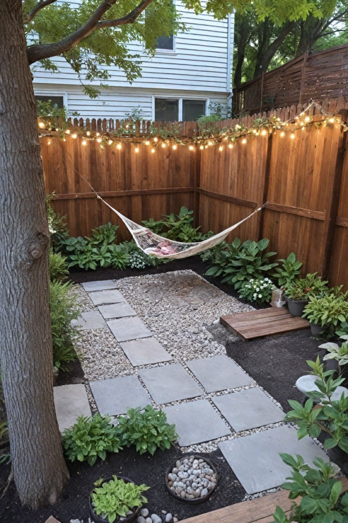 Cozy Small Backyard Garden Ideas with Hammock and String Lights