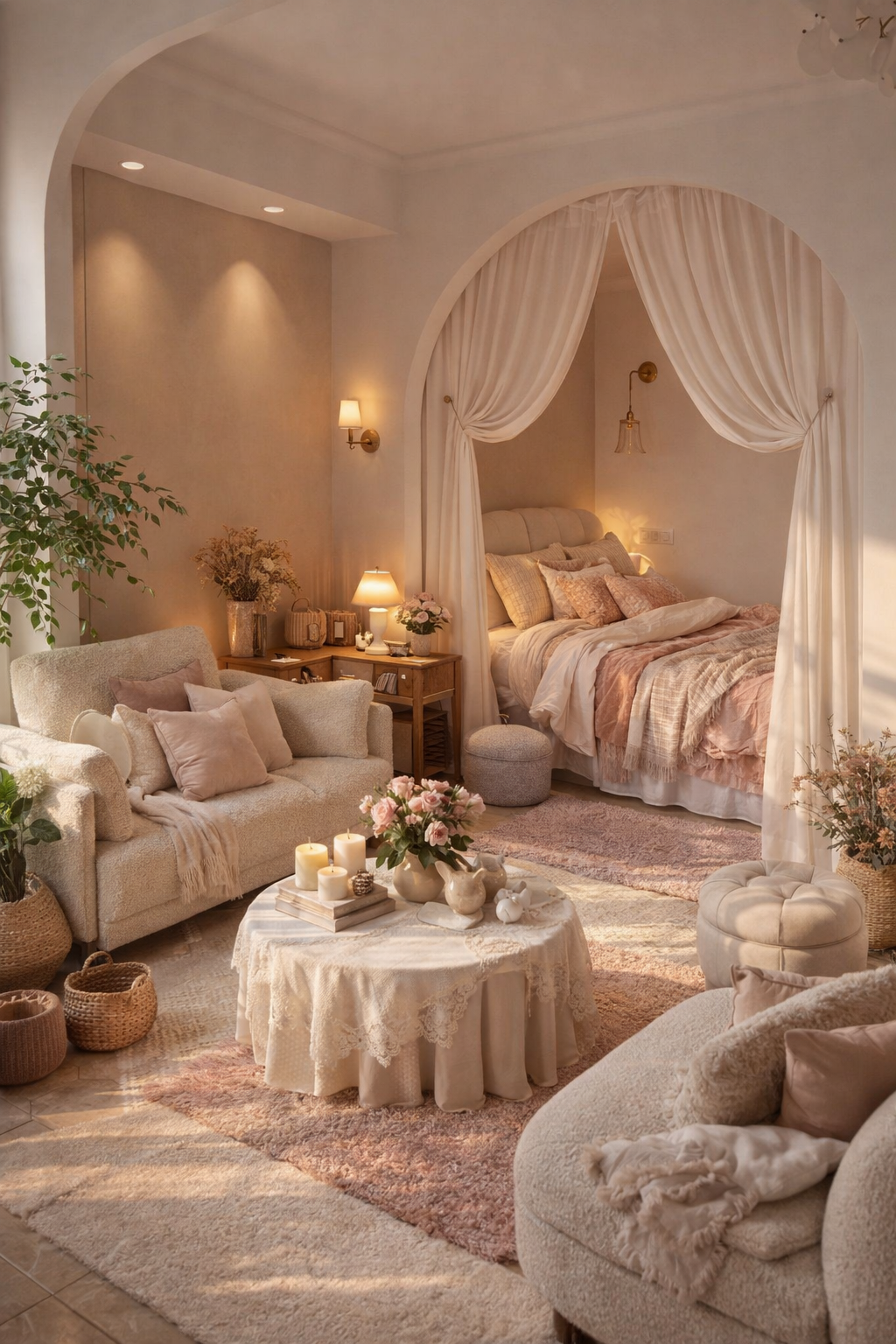 Dreamy Cozy Arch Bedroom Lounge | Soft Pastel Aesthetic Interior