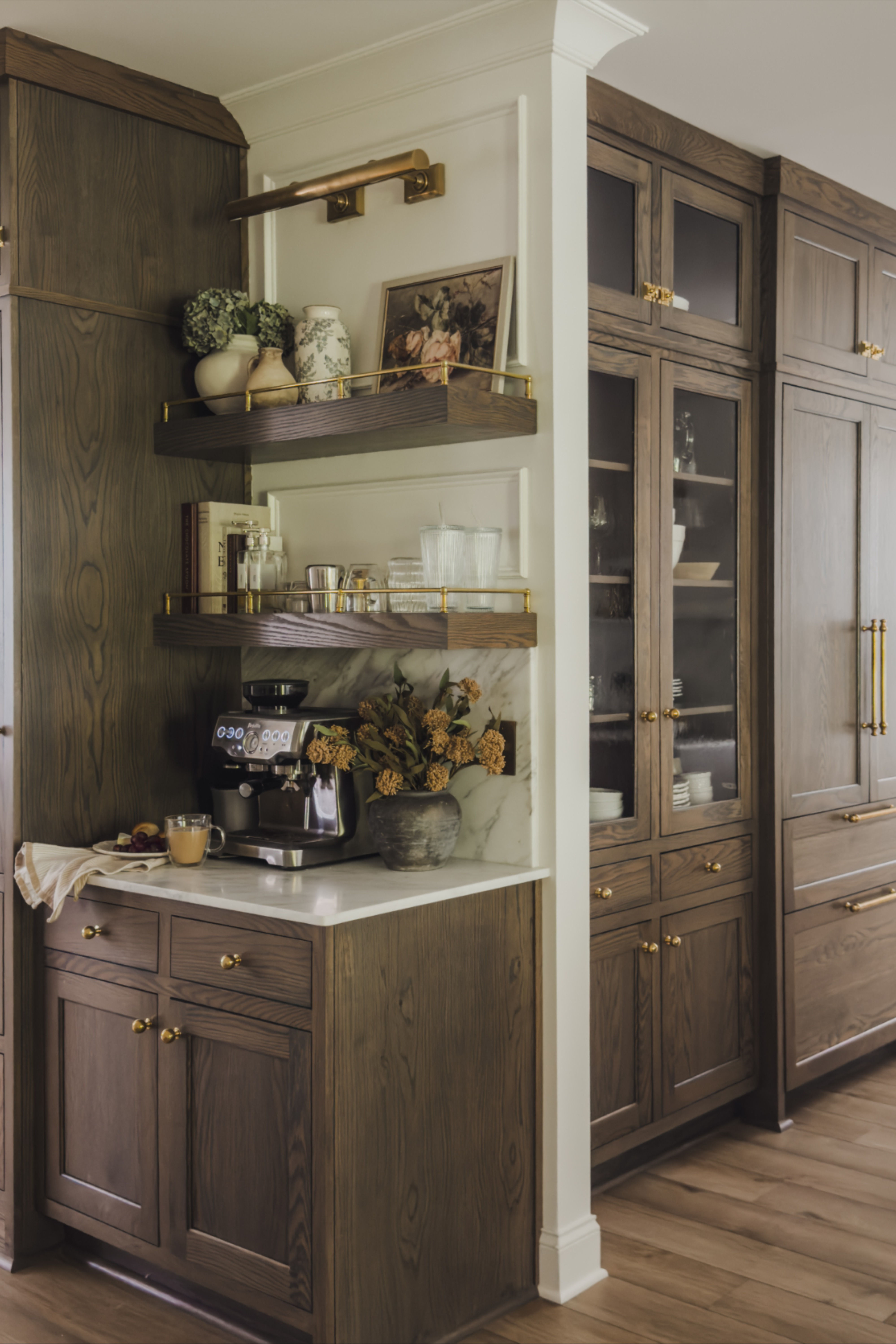 Functional and Aesthetic Coffee Bar with Earthy Tones, Collected Details, and Rich Wood Tones