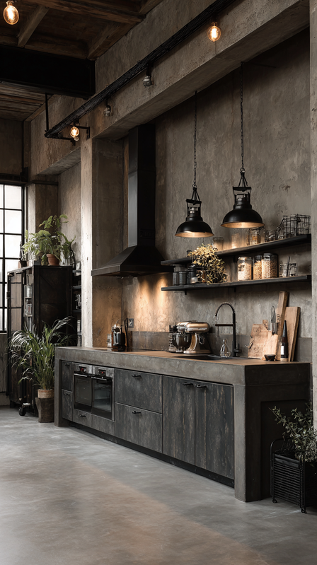 Industrial kitchen with metal cabinets and concrete counters in loft winter space