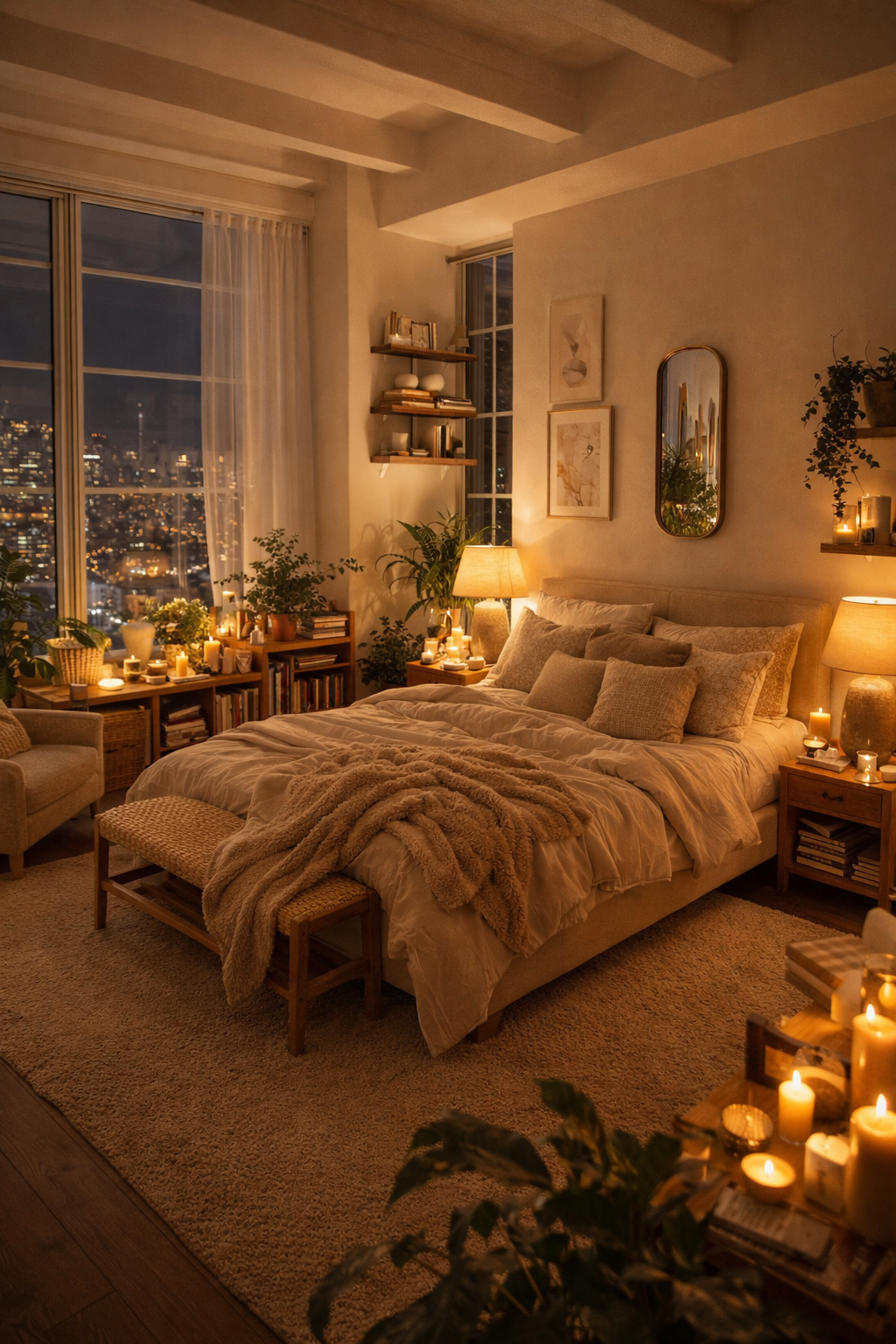 Luxe Cozy Bedroom Retreat | Nighttime Interior Inspiration