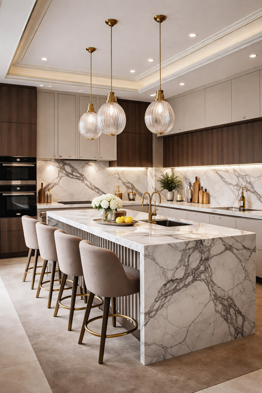 Luxury Modern Kitchen Design with Marble Island & Gold Accents | Elegant Contemporary Interior