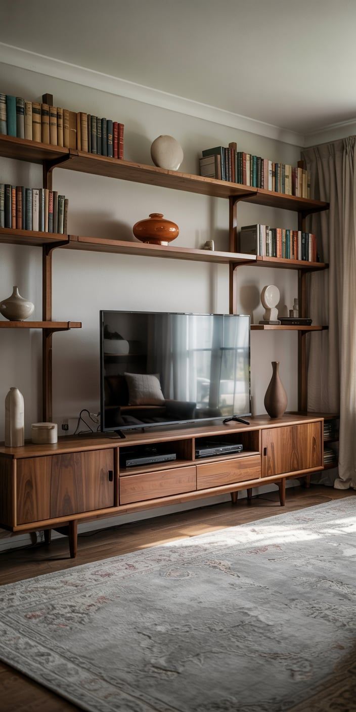 Midcentury TV Room: Cozy Bookshelf Glow