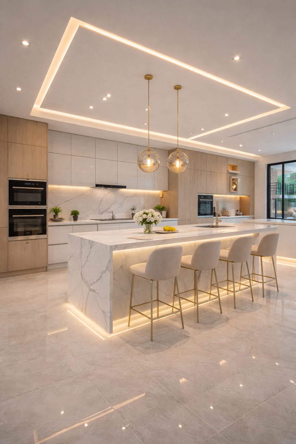 Modern Marble Kitchen with Warm Ambient Lighting | Luxury Minimalist Kitchen Design