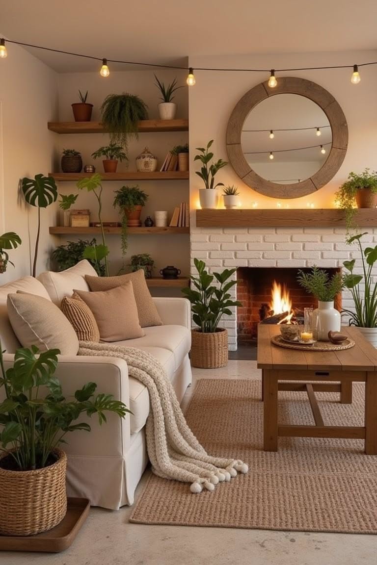 Modern Minimalist Living Room with White Brick Fireplace and Monstera Plants