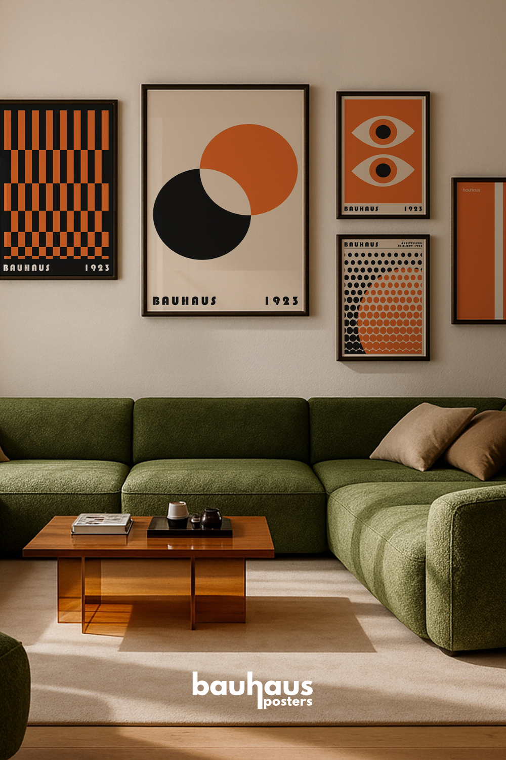 Modern Retro Living Room: Orange Bauhaus Gallery Wall and 70s Olive Green Sofa