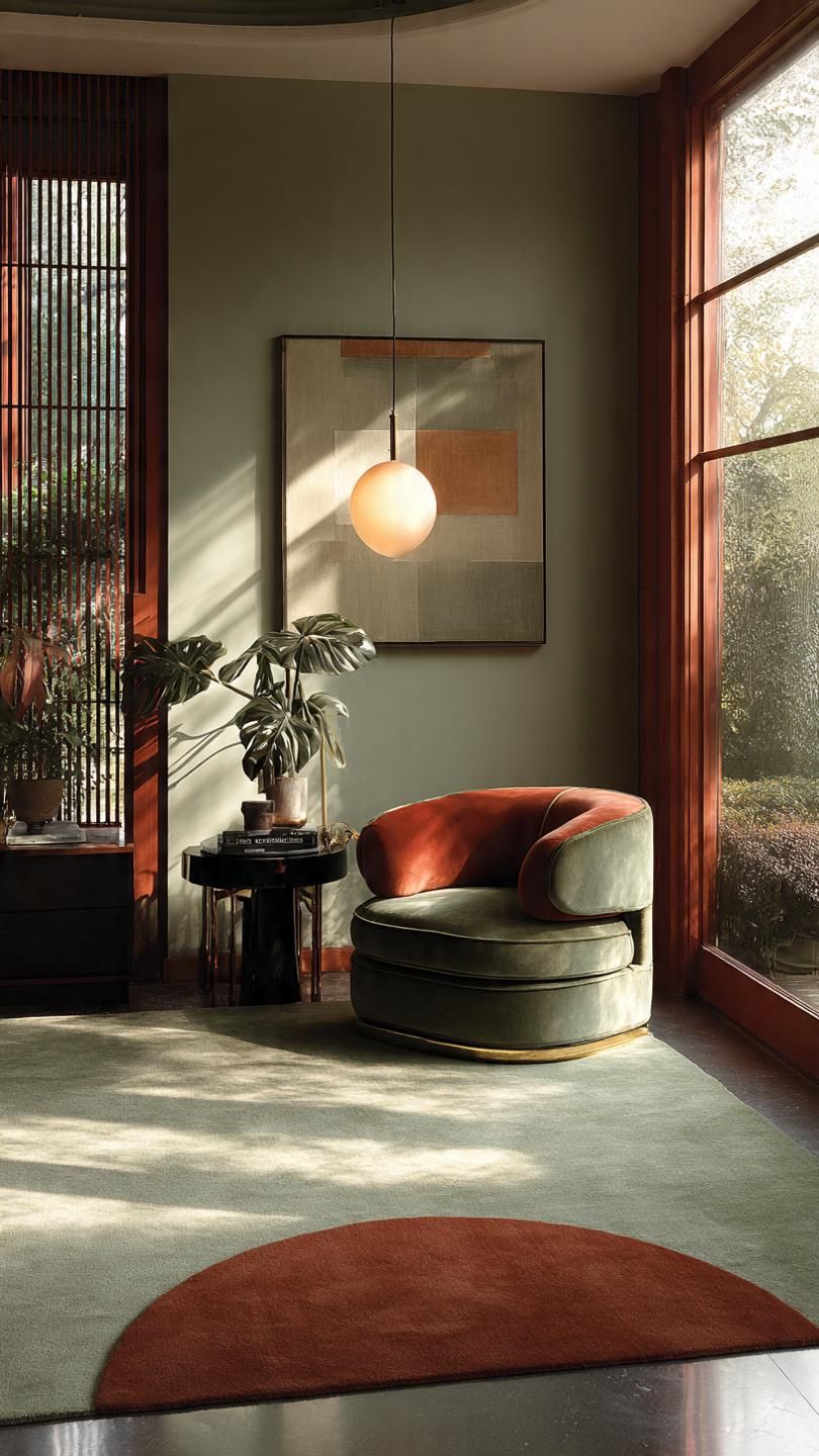 Moderner Geometrischer Teppich in Salbeigrün & Terra Cotta - Minimalistisches Halbe Sonne Design, Weicher Teppich für Wohnzimmer oder Schlafzimmer