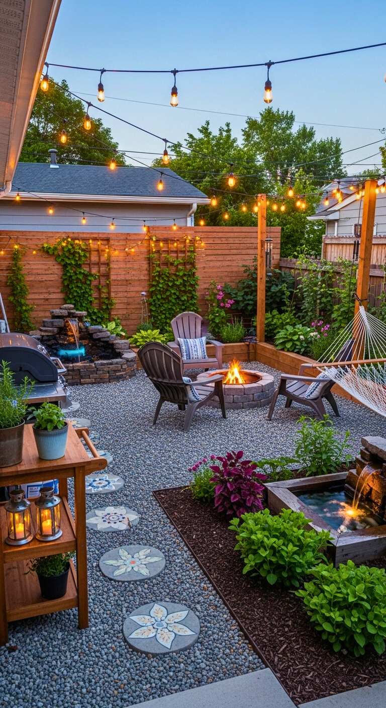 Narrow Outdoor Space Makeover: Gravel Patio, Water Feature and Privacy Fence