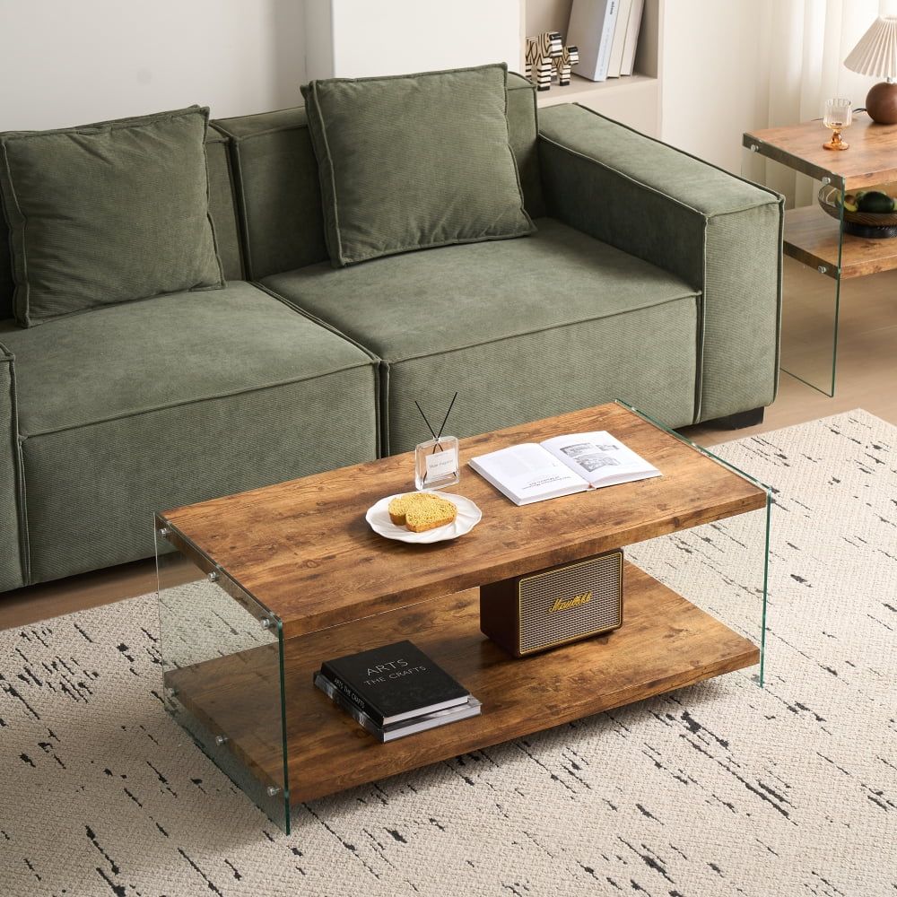 Small Walnut Tempered Glass Coffee Table, MDF Sofa Side Table - Multi-Purpose Tea Table for Living Room, Office, Outdoor - Easy to Clean, No Assembly