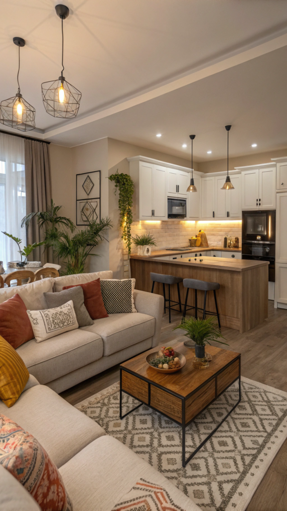 Warm Cozy Living Room and Kitchen Combo Ideas