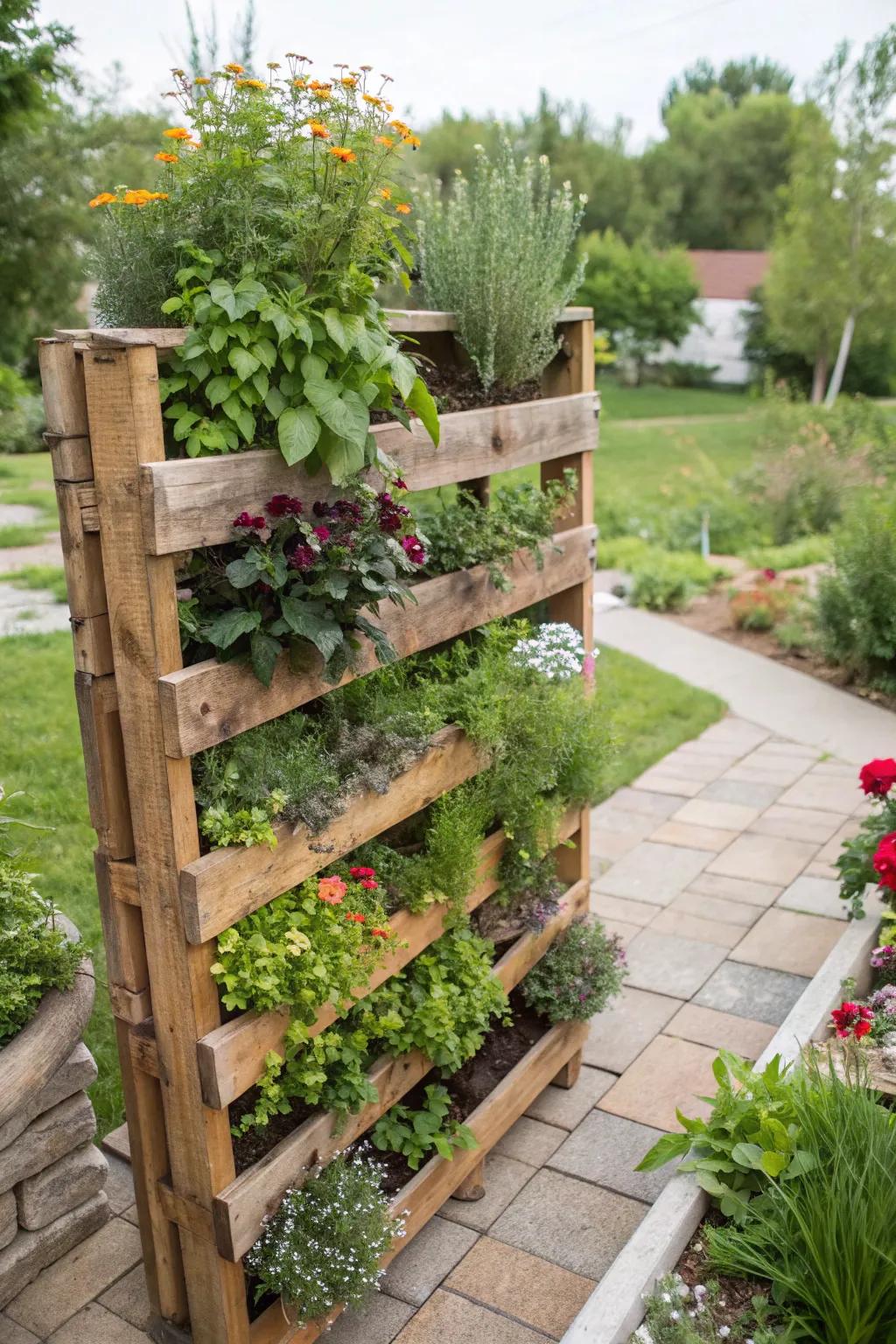 A lively vertical garden is thriving on a repurposed wooden pallet.
