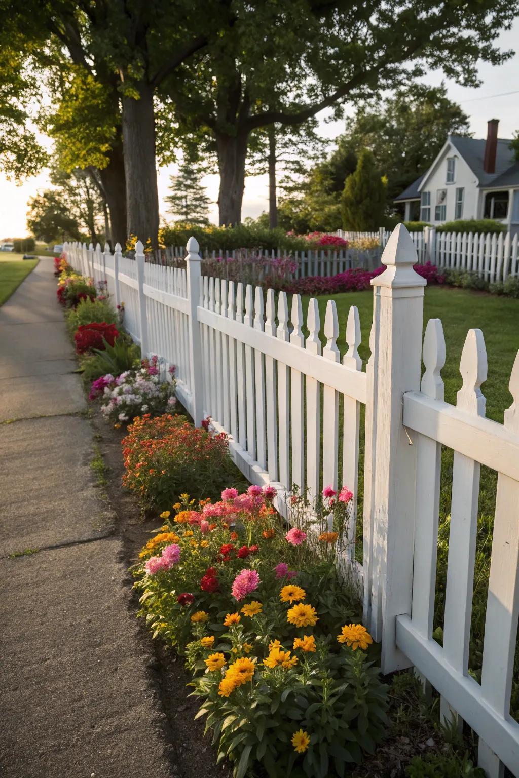 A charming white picket fence adds classic appeal to any yard.