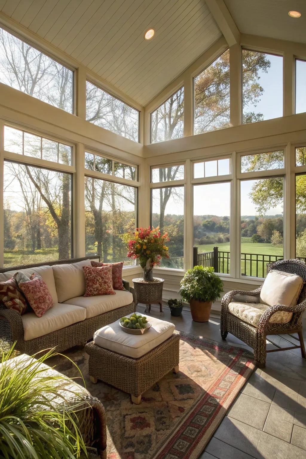 A sun-kissed porch with panoramic windows.
