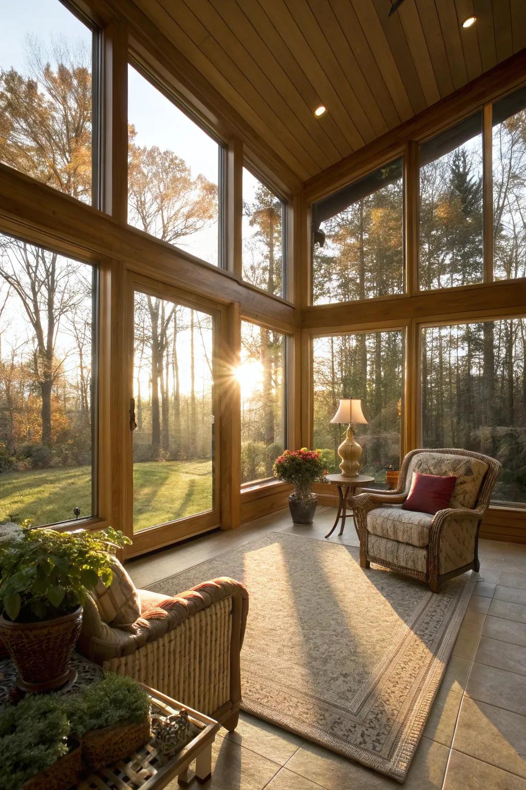 A sun-drenched four season room with expansive glass walls.