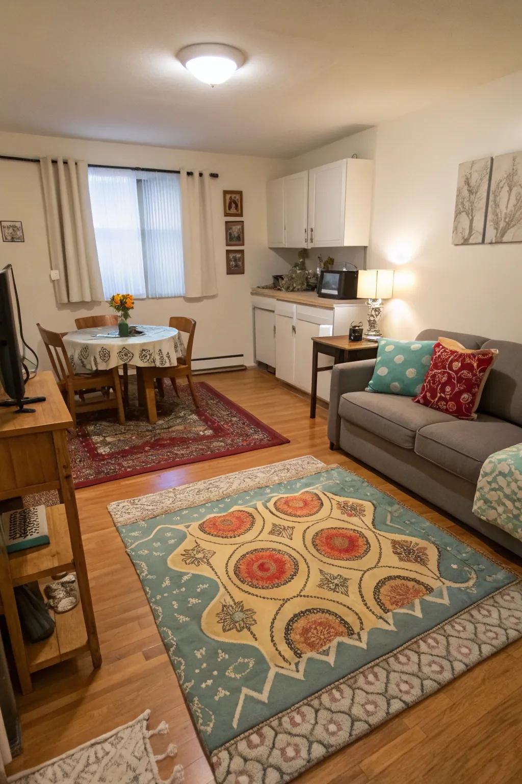 Floor coverings aid in specifying separate living zones absent of physical obstructions