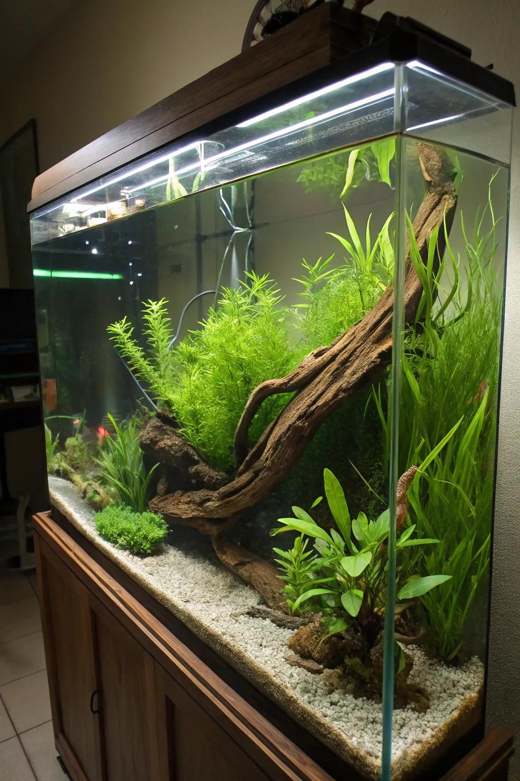 This aquascape creates a serene, leafy haven for fish.