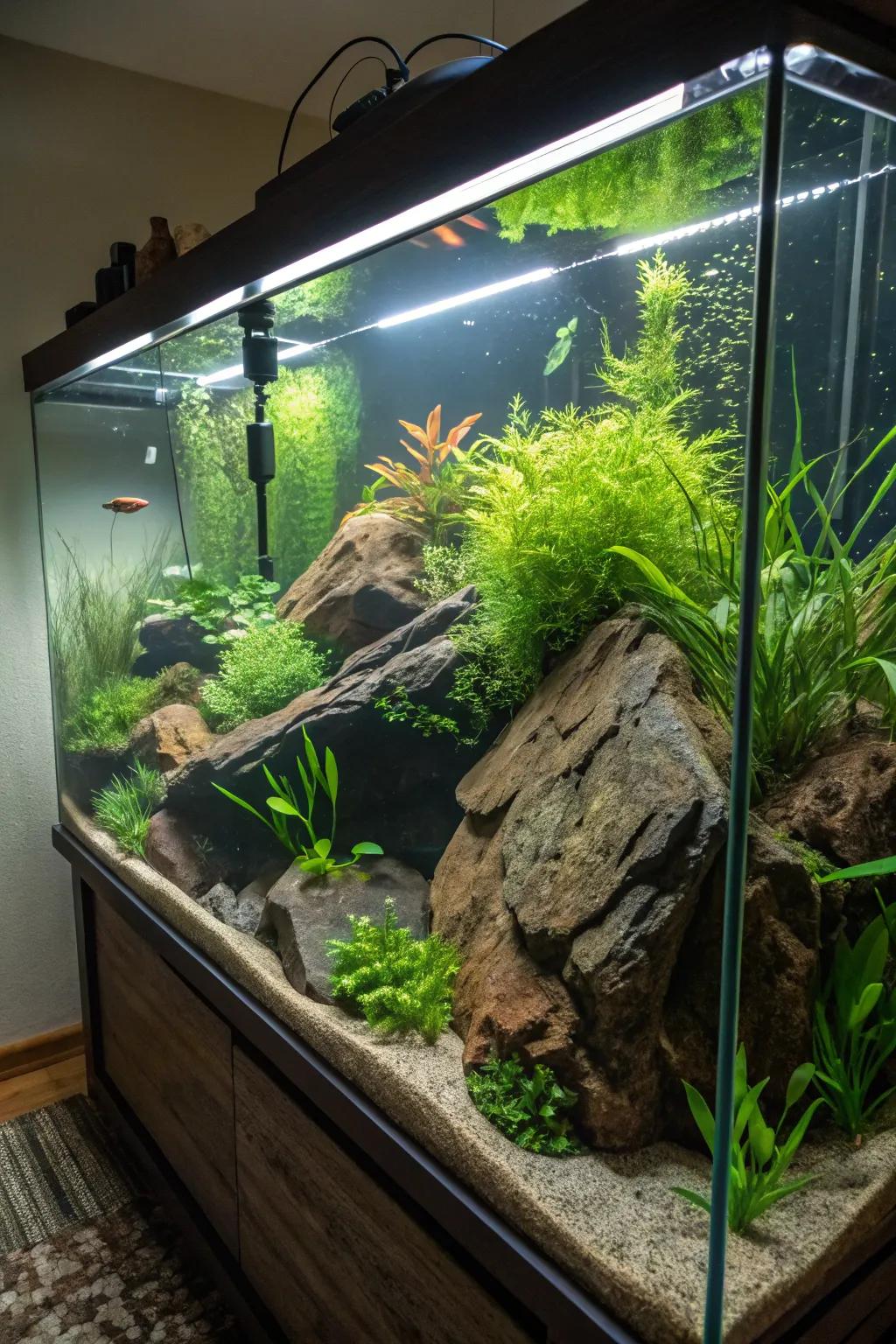 A verdant aquascape in a 75-gallon tank, teeming with life and greenery.