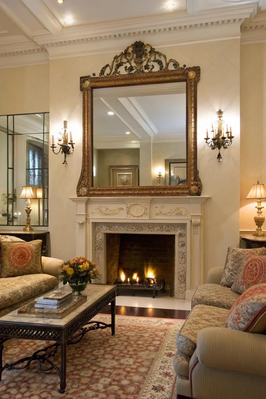 A large mirror above the fireplace brightens and deepens the room.