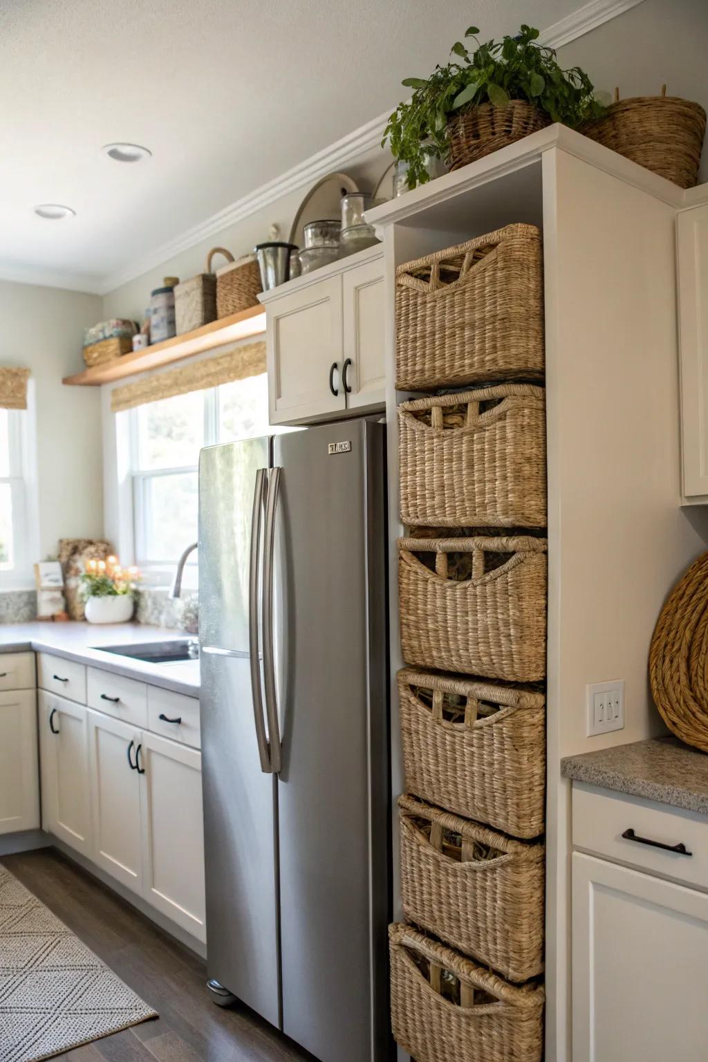 For stylish storage, use woven baskets above the refrigerator.