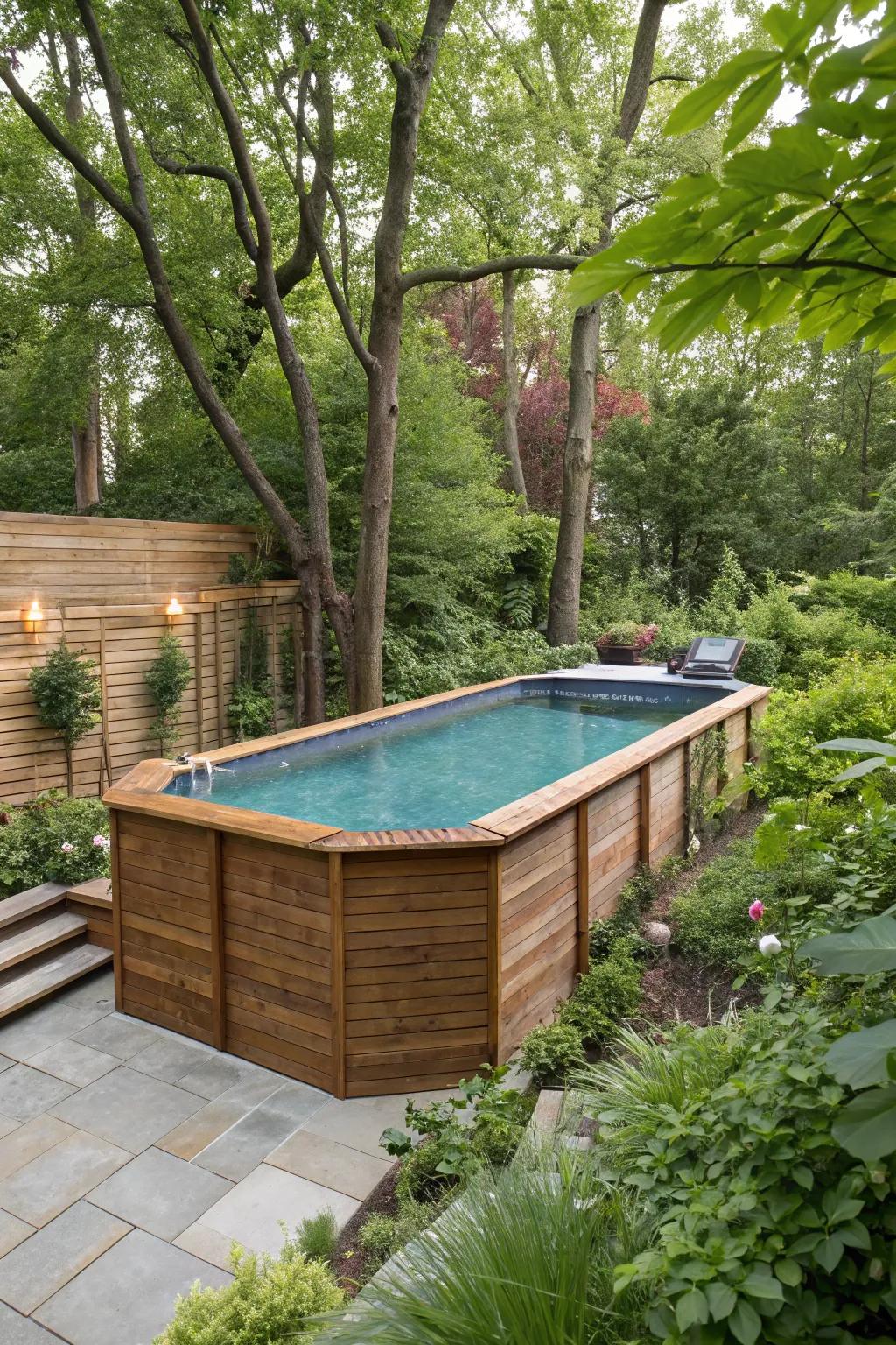 Wood paneling adds warmth and a natural look to above ground pools.