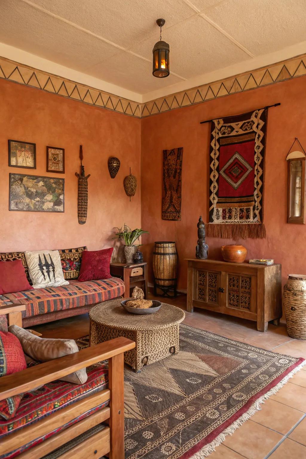 Terracotta walls set the stage for a warm and earthy African-themed living room.