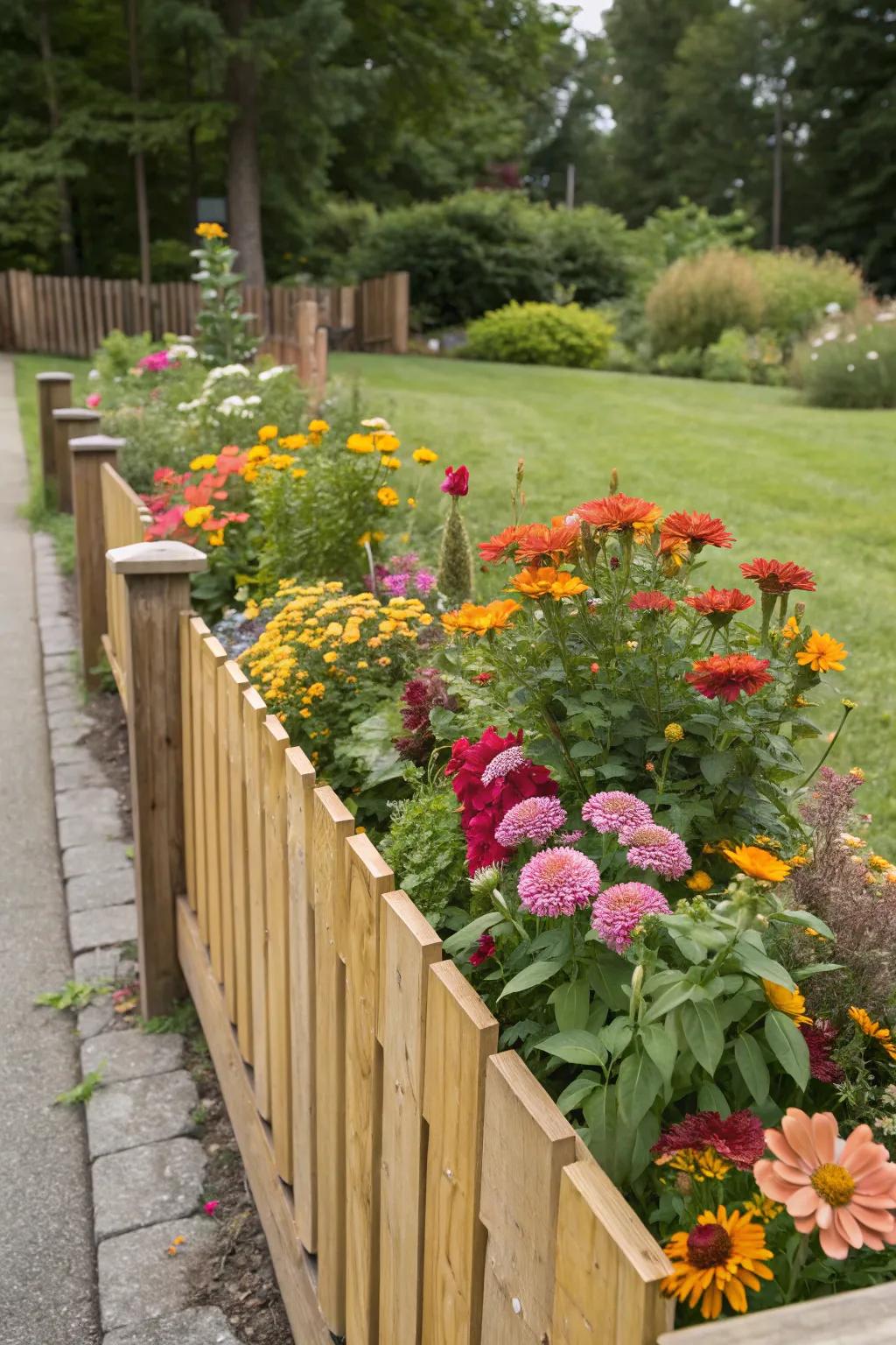 A colorful bloom display elevates the fence area beautifully.