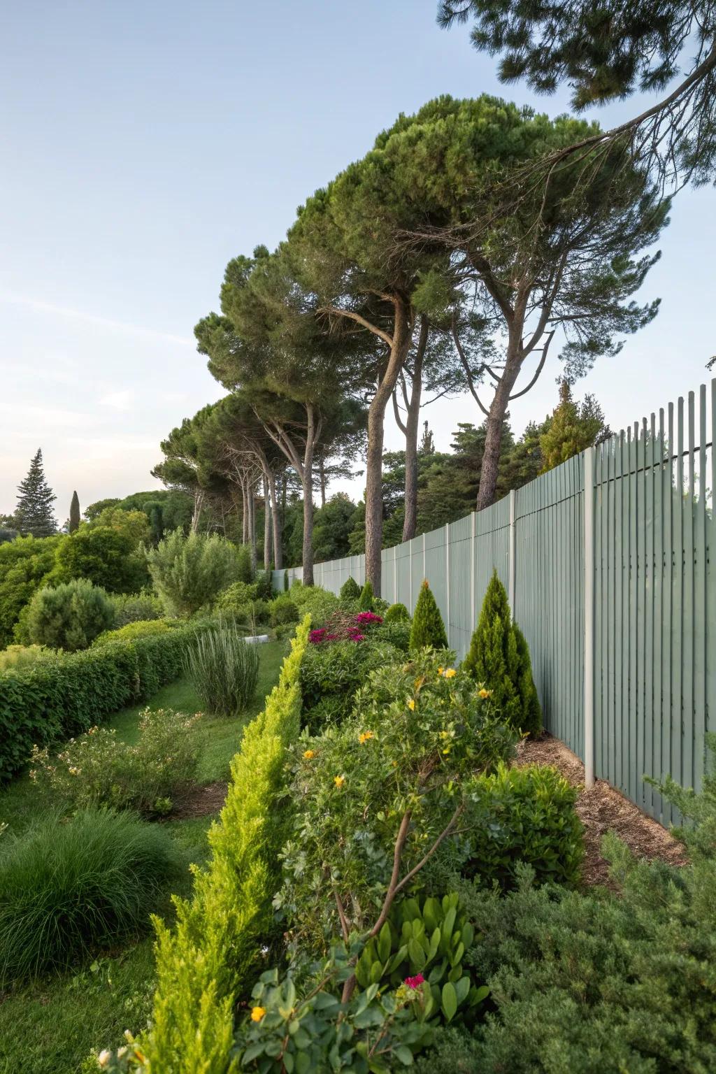 Greenery gently softens the rigid lines of an aluminum fence.