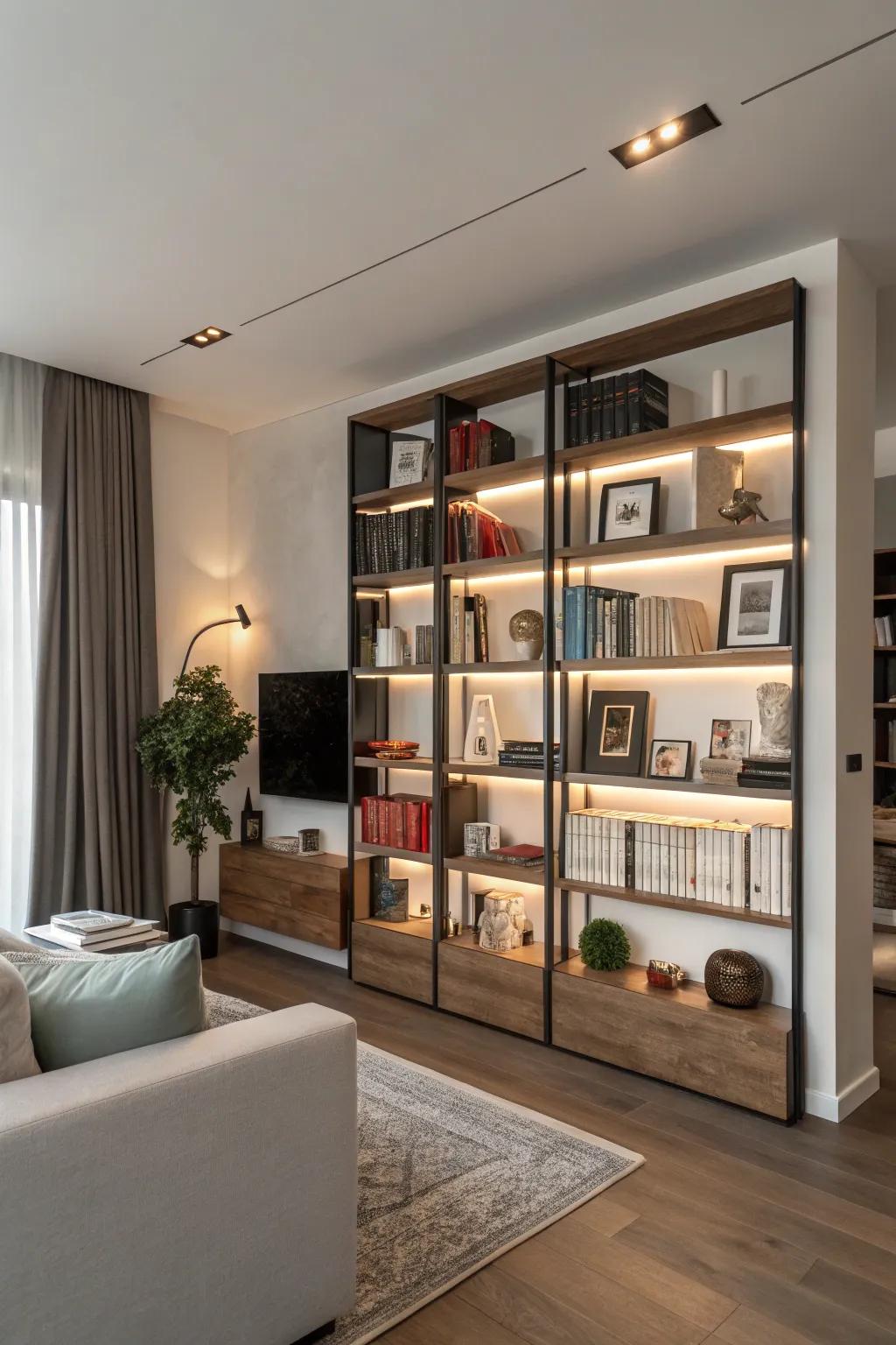 A tall bookshelf making efficient use of vertical space in a modern apartment.