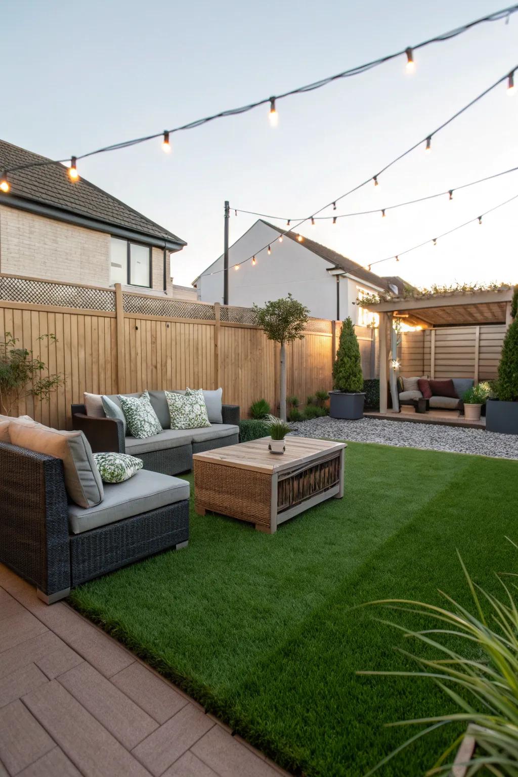 A cozy lounge area on a lush artificial grass lawn.