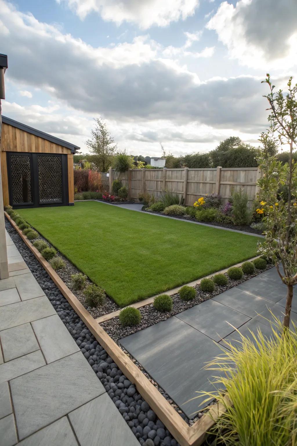 Slate stones bring a timeless elegance to artificial grass edges.