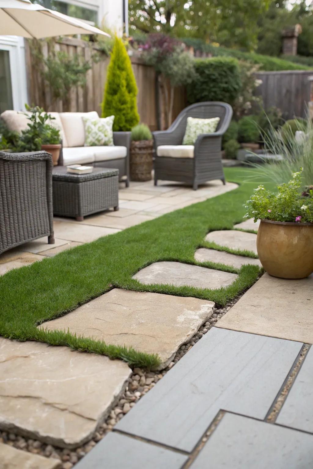 A smooth flow from patio to garden using synthetic turf.