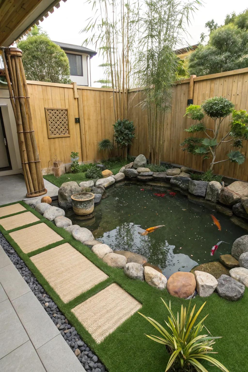 Achieve tranquility in your private Zen garden, enhanced with easily maintainable synthetic turf.