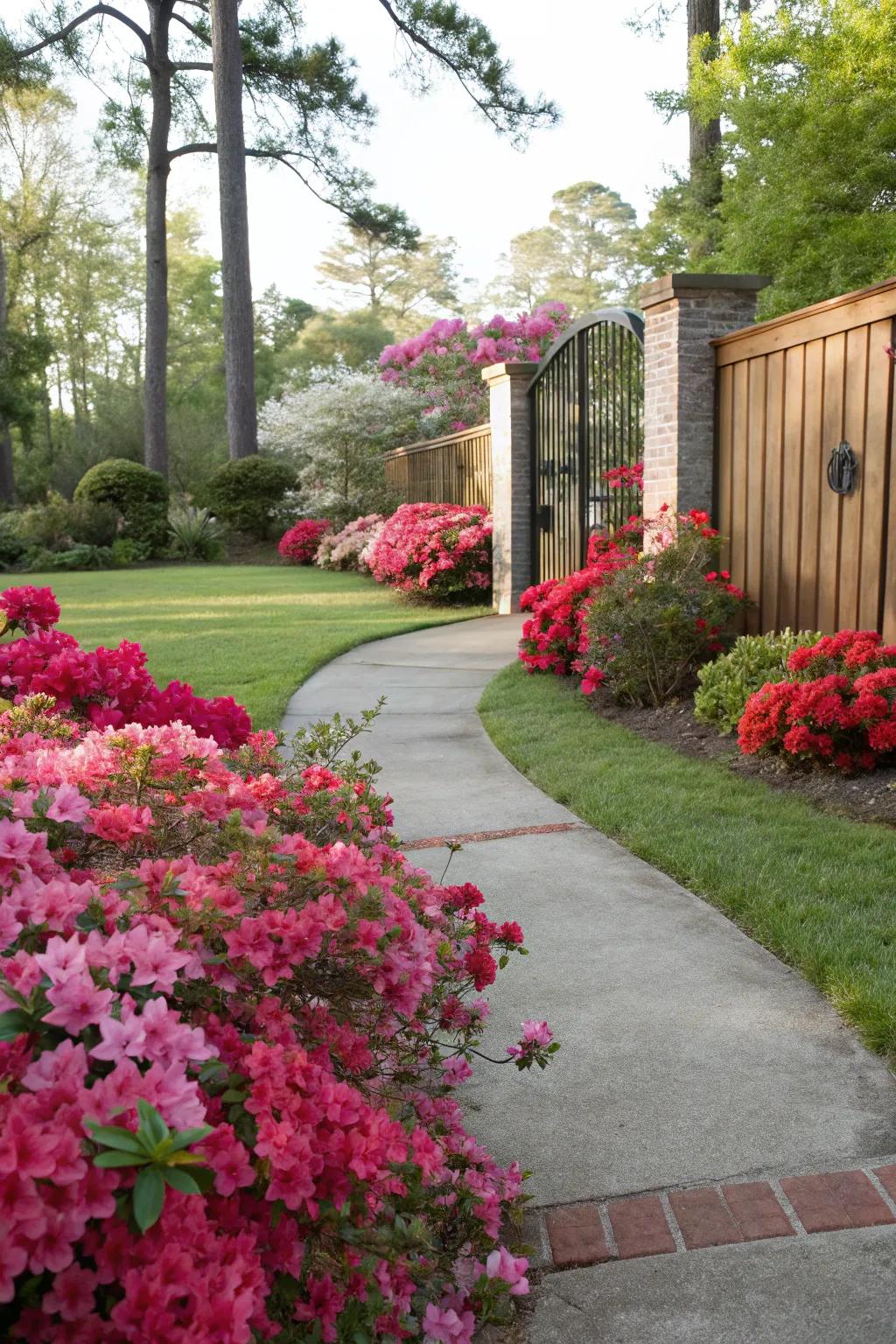 A colorful azalea-lined walkway creating a welcoming entrance.