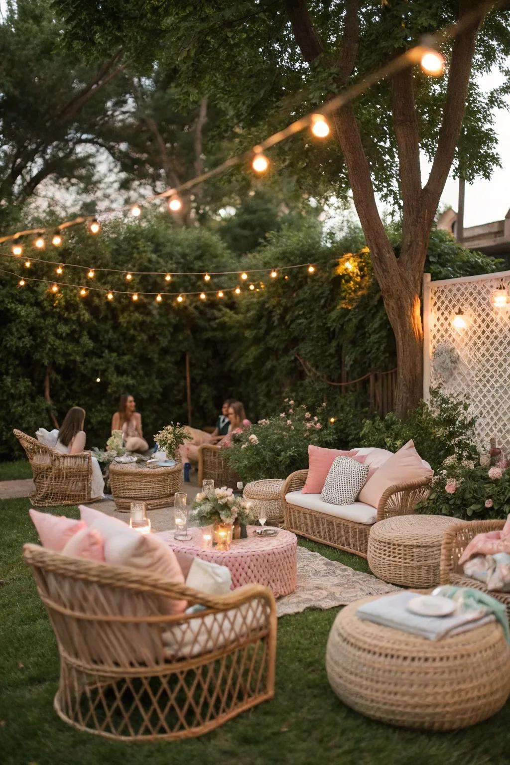 A chic outdoor lounge with wicker furniture and pastel cushions.