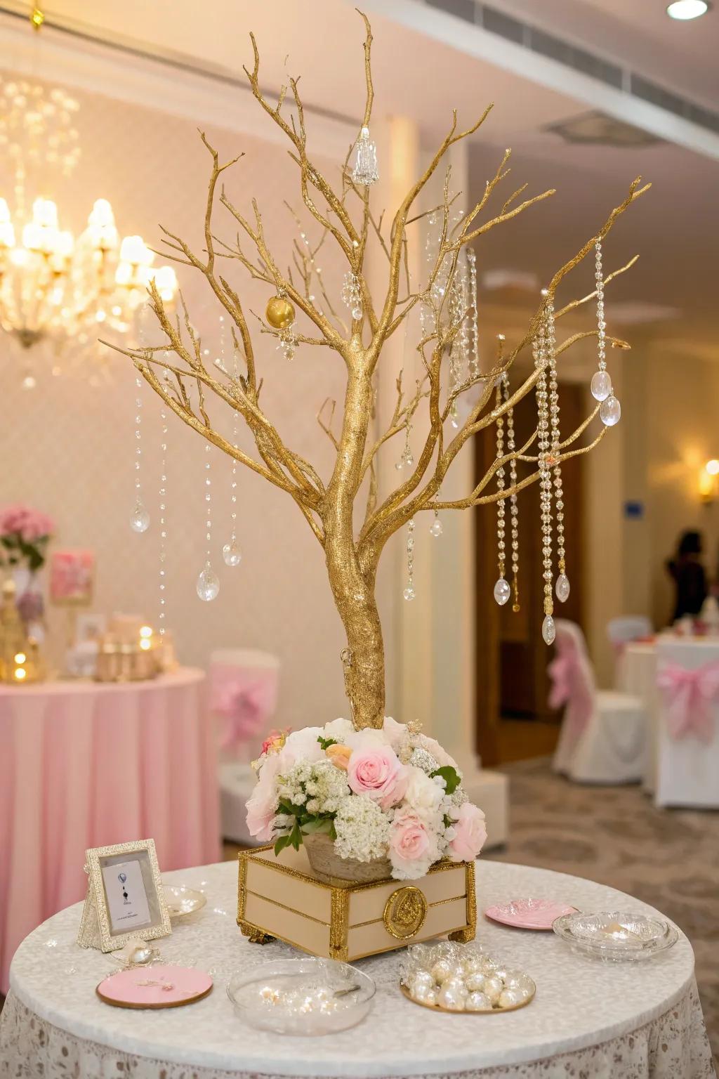A sophisticated centerpiece of well-wishing featuring radiant branches and glistening droplets.