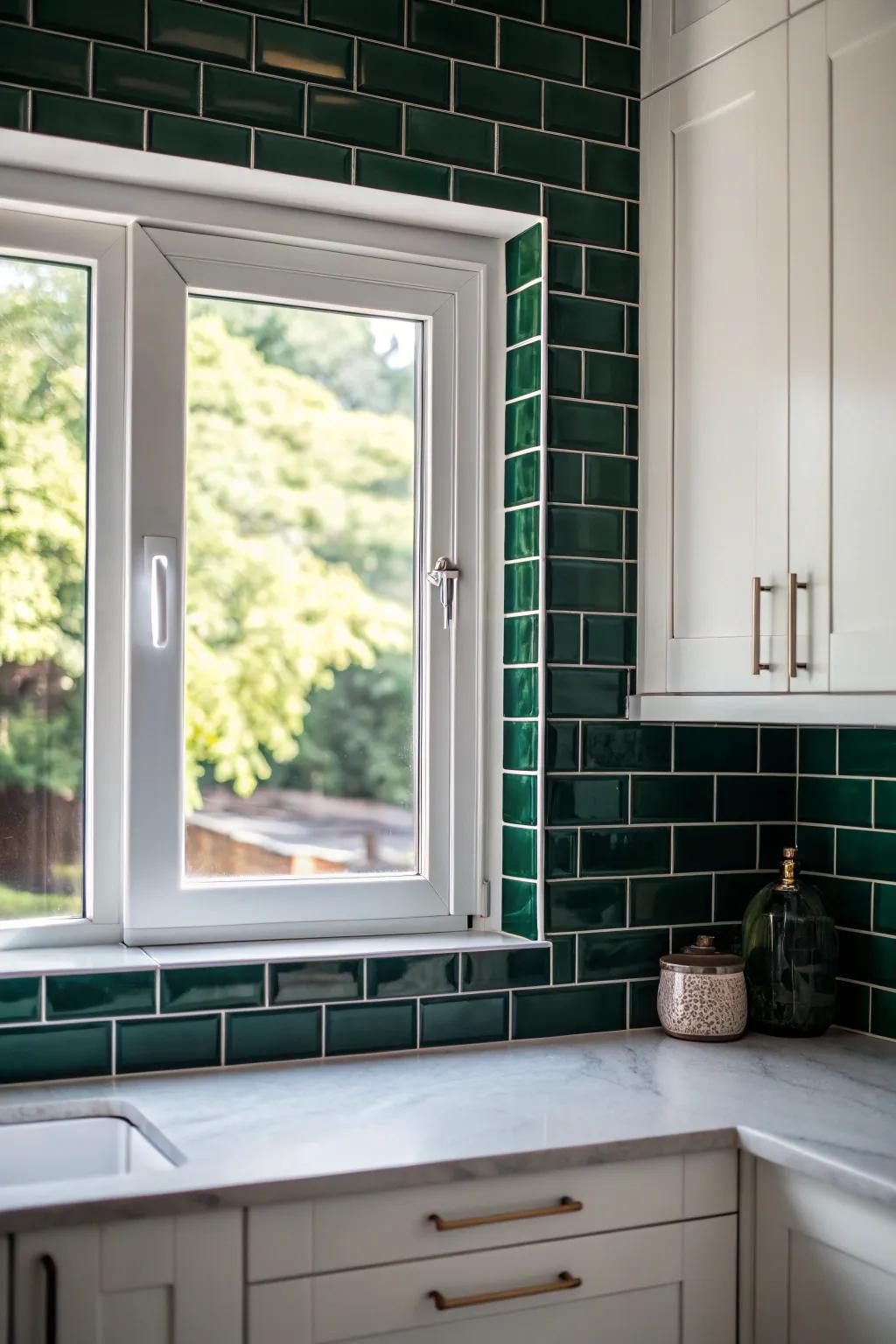 Dark emerald blocks framing a kitchen window, creating an eye-catching contrast.