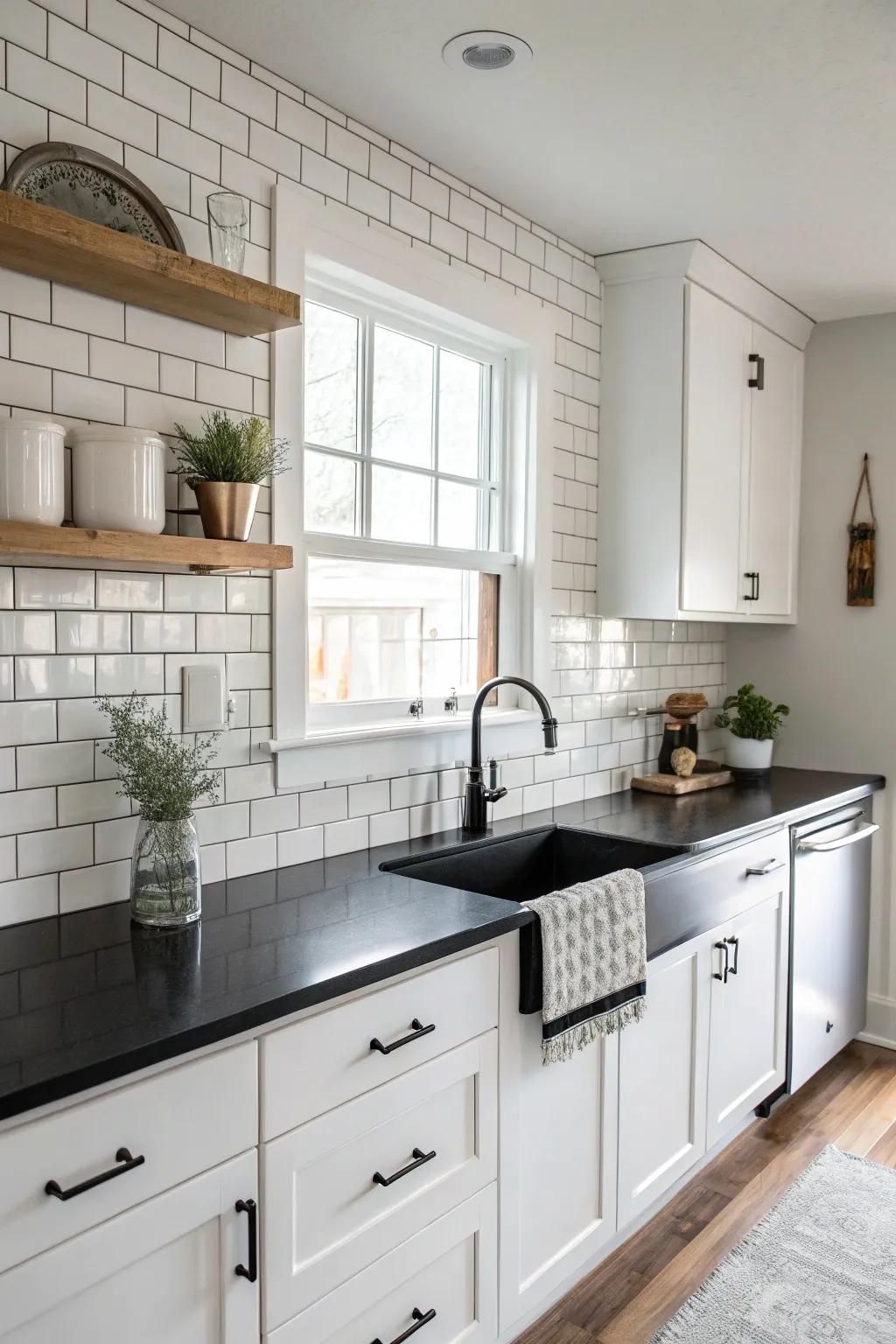 Arctic white rectangular tiles create an exquisite contrast against black countertops.
