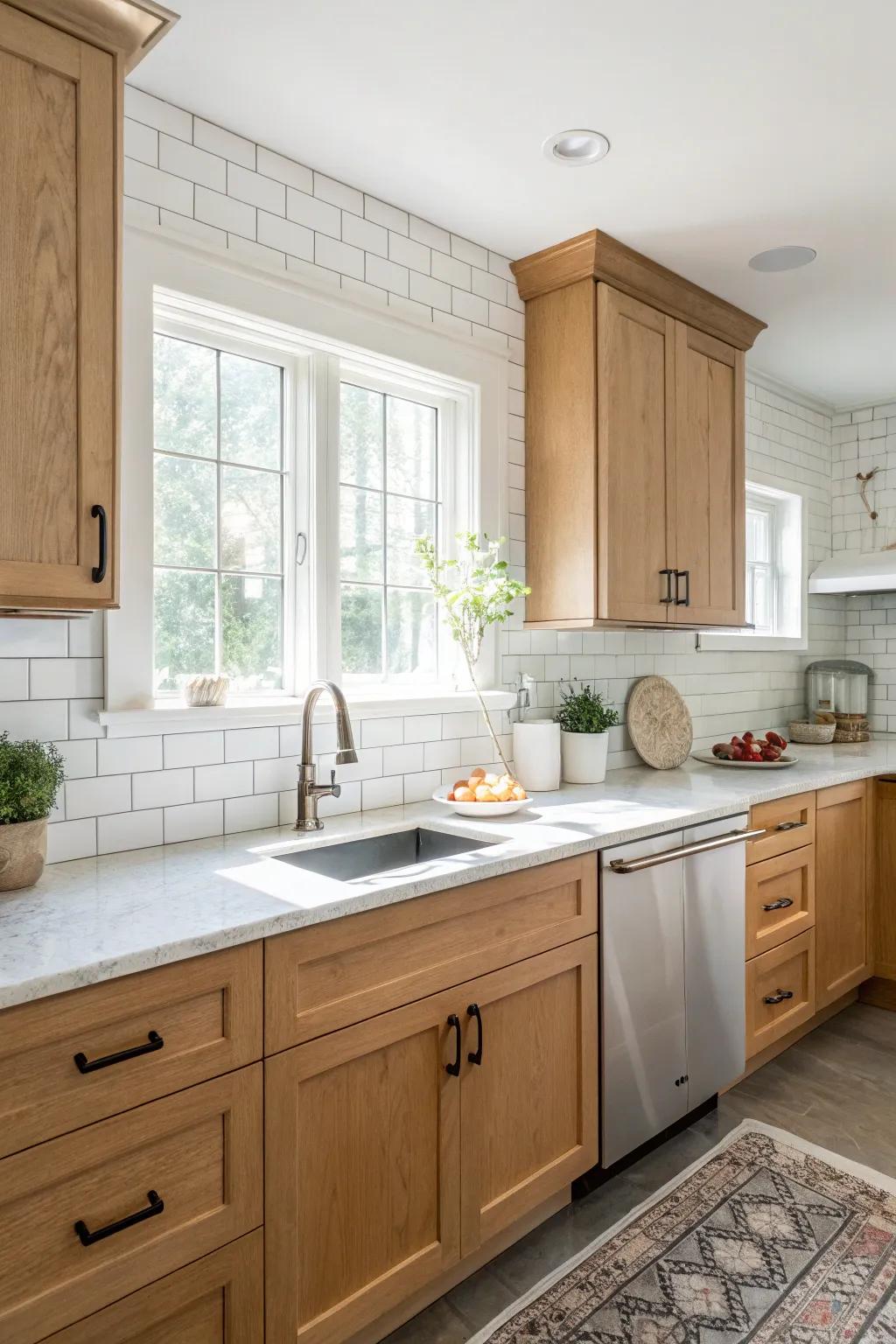 A traditional white metro tile backsplash brings luminosity to maple cabinets.