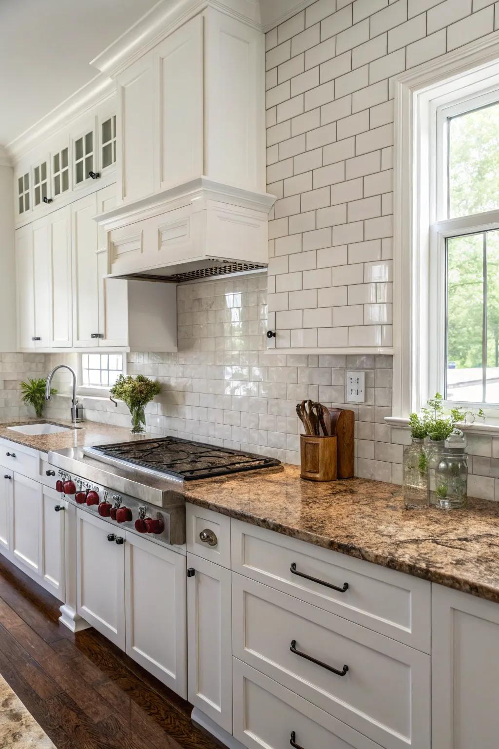 Ivory blocks create a classic scene, setting off fantasy brown granite's natural beauty.