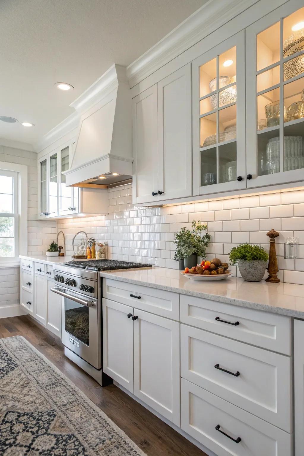 White square tiles deliver a fresh and enduring aesthetic in this cooking space.