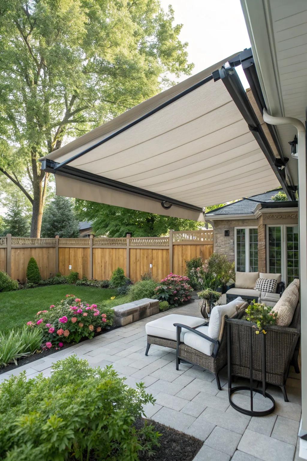 Relish adaptable shade with a slide-away awning.