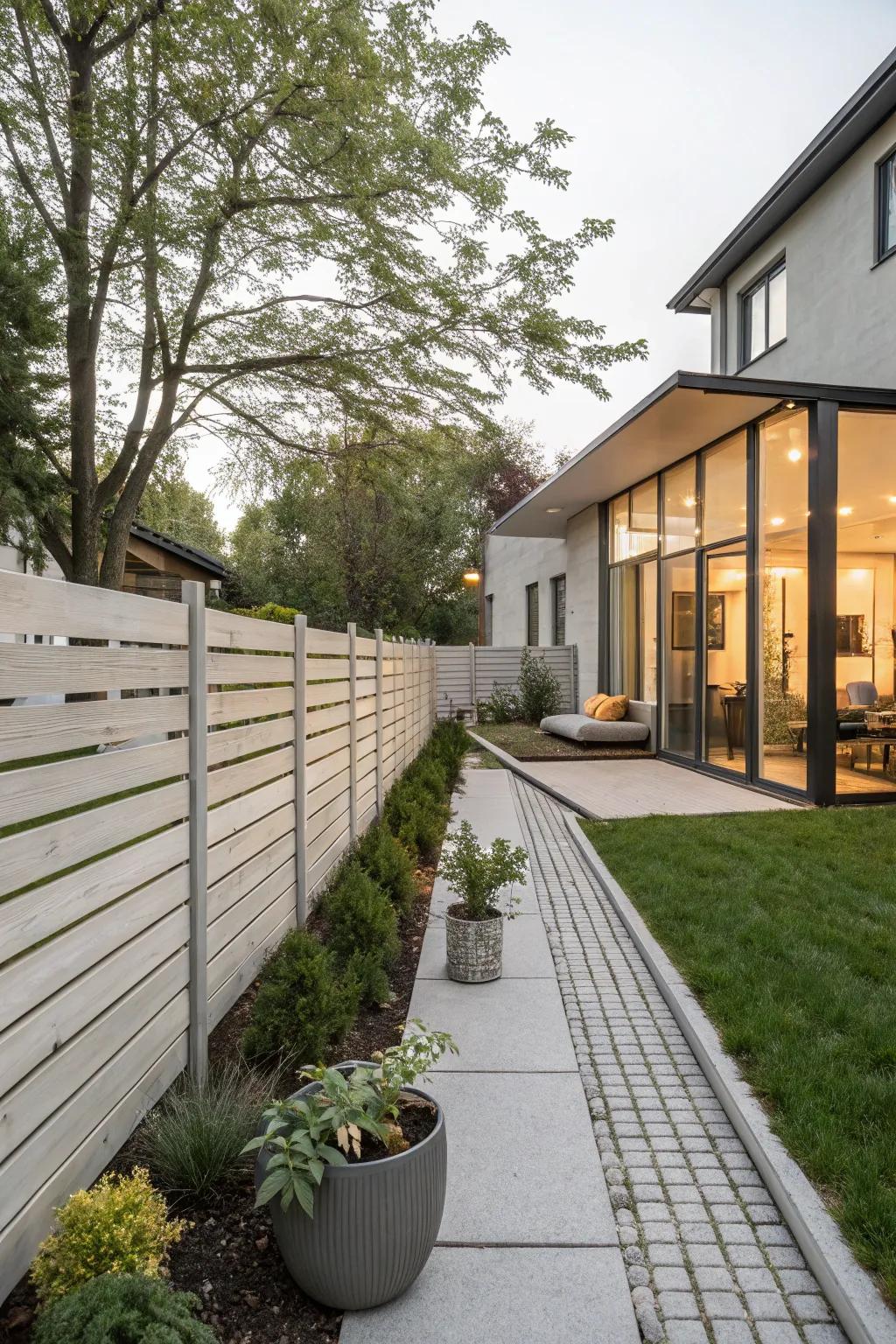 A modern flat panel fence adds a sleek, expansive feel.