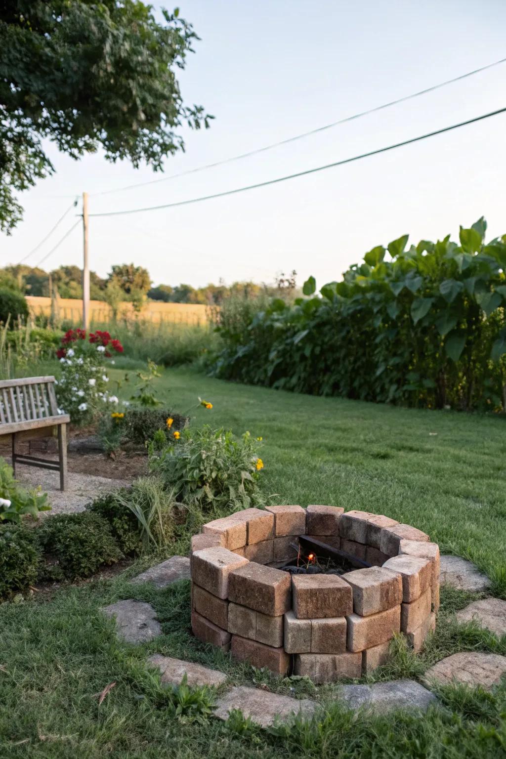 Construct an attractive DIY brick bonfire area with recycled materials.